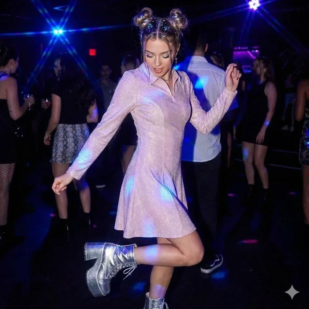 Vintage 90s Pastel Pink Silver Sparkle Skater Dress Tinsel Metallic Club Kid Med - Picture 1 of 6